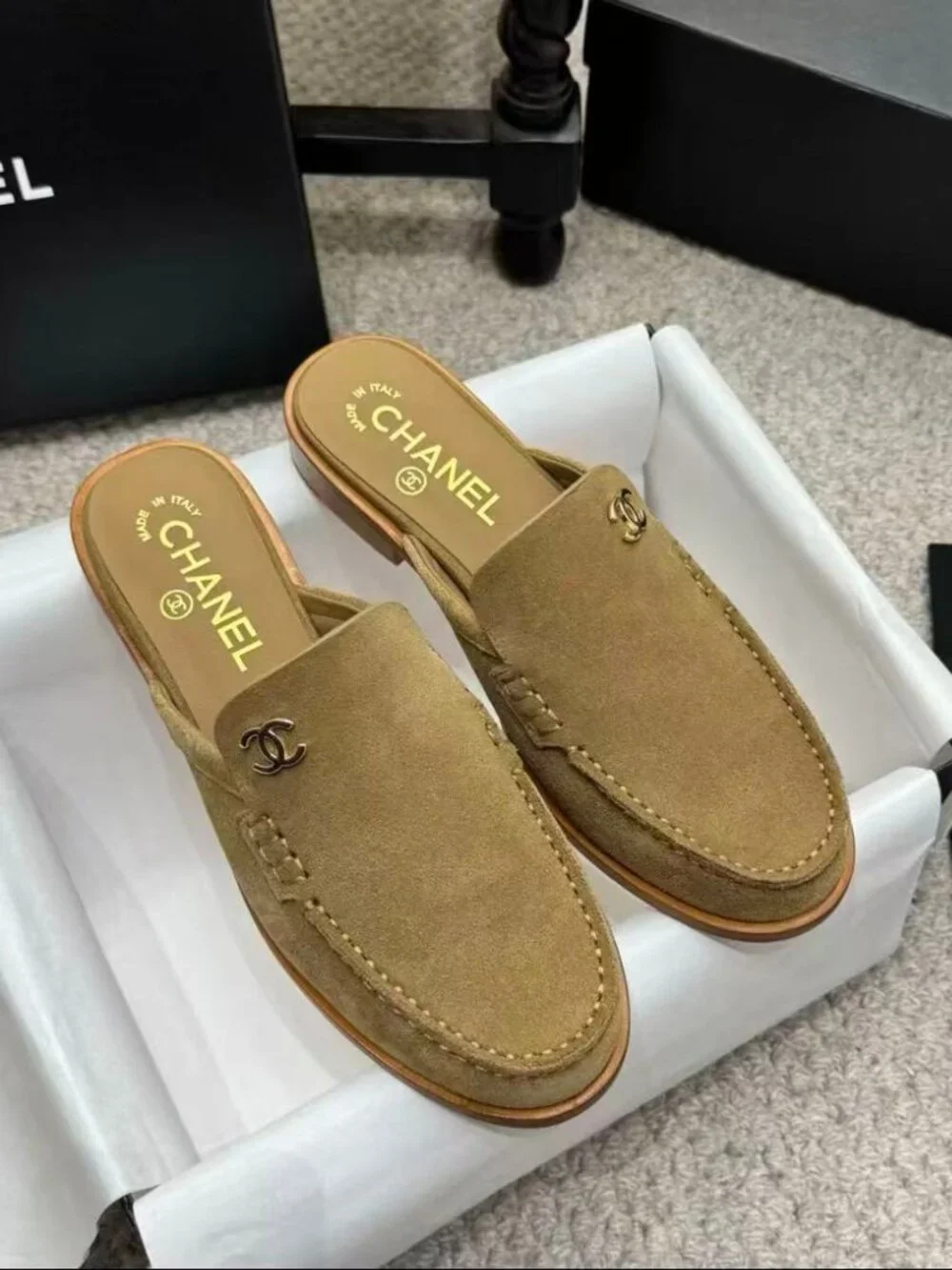 Chanel Khaki Suede Double C Slip On Mule Loafers